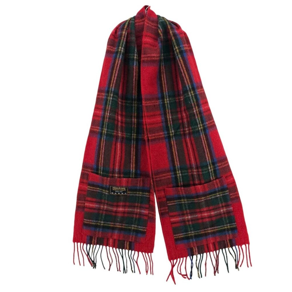 PATRICK KING Woollen Co Pocket Scarf Red Green Blue Plaid Deluxe Wool Fringe